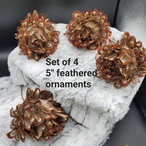 Set of 6 Pheasant-Feather Ball Holiday Decor Ornaments - Picture 4 of 6